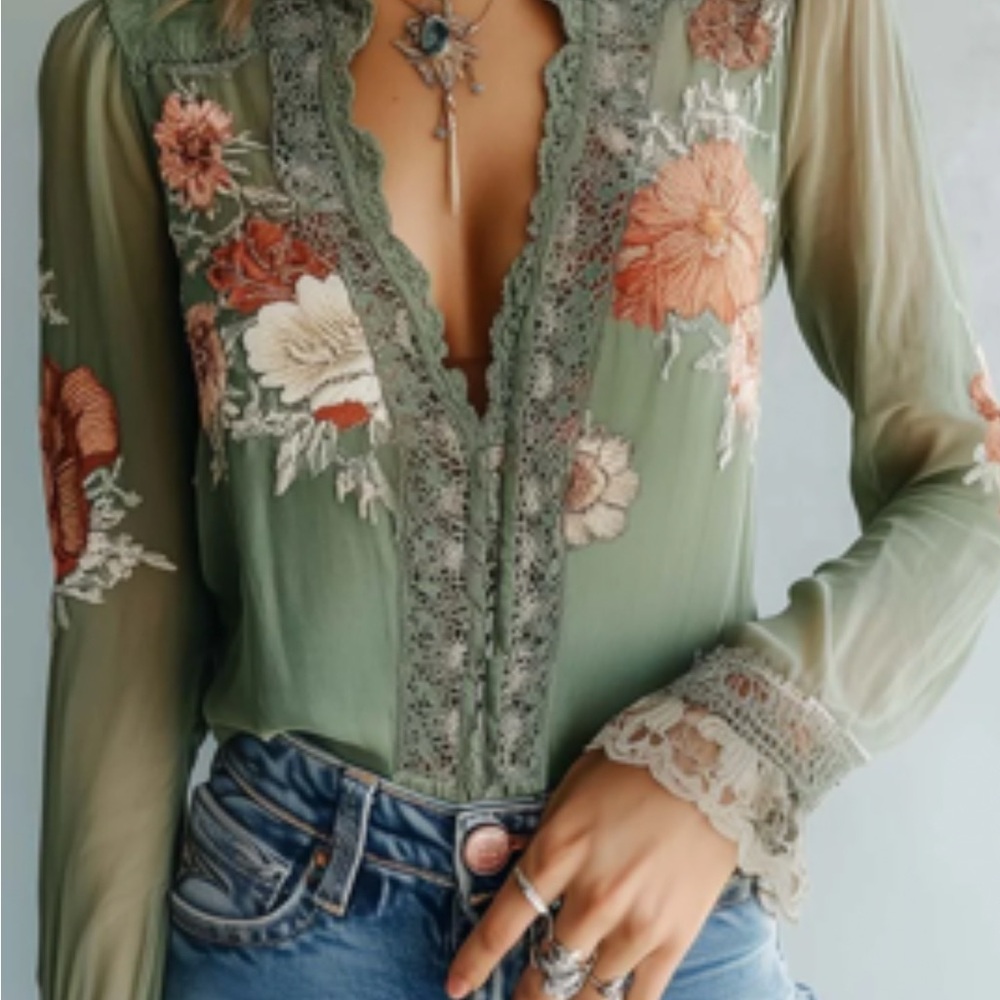 Floral Embroidered Sheer Blouse - Green